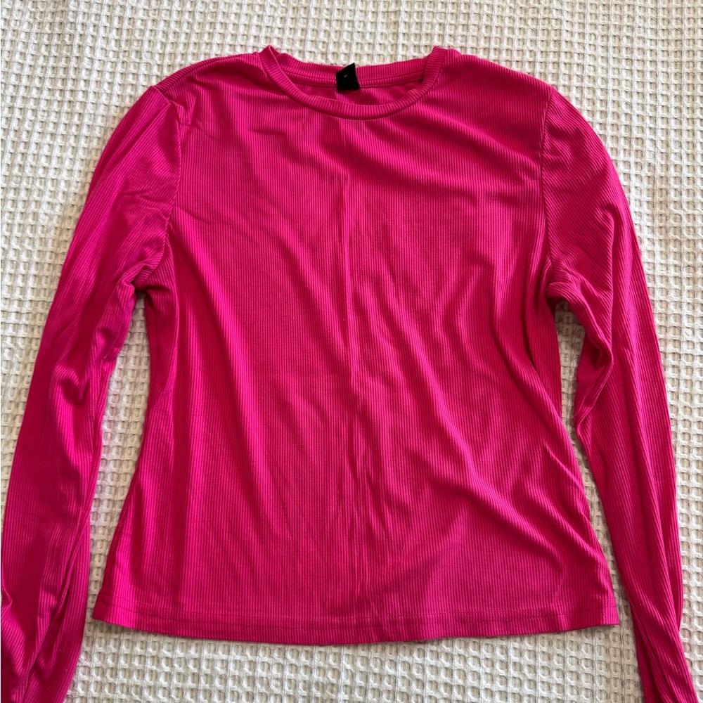 SHEIN Pink Fitted Long Sleeve Tee
